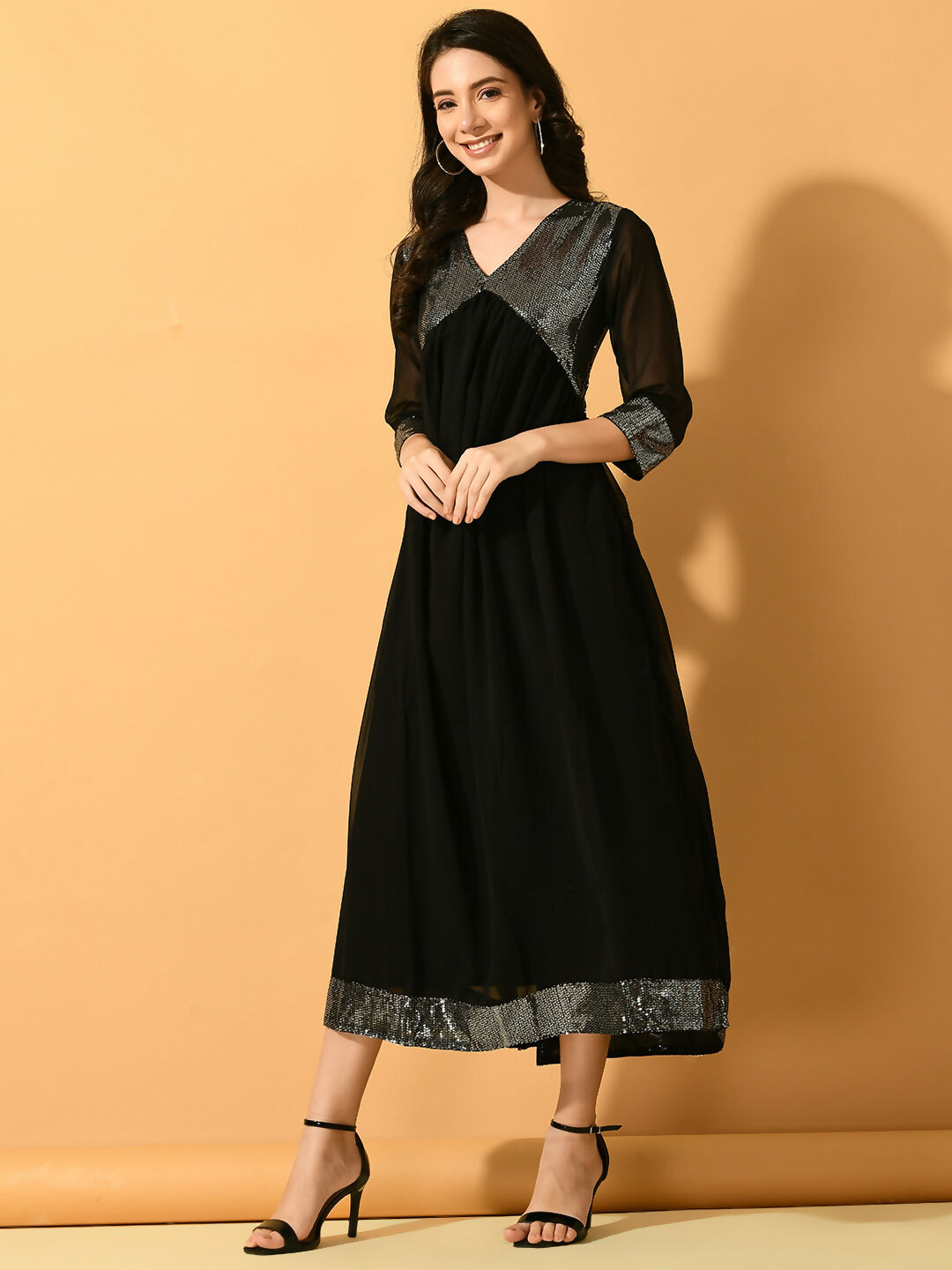 Myshka Women's Black Fit and Flare Party Dress