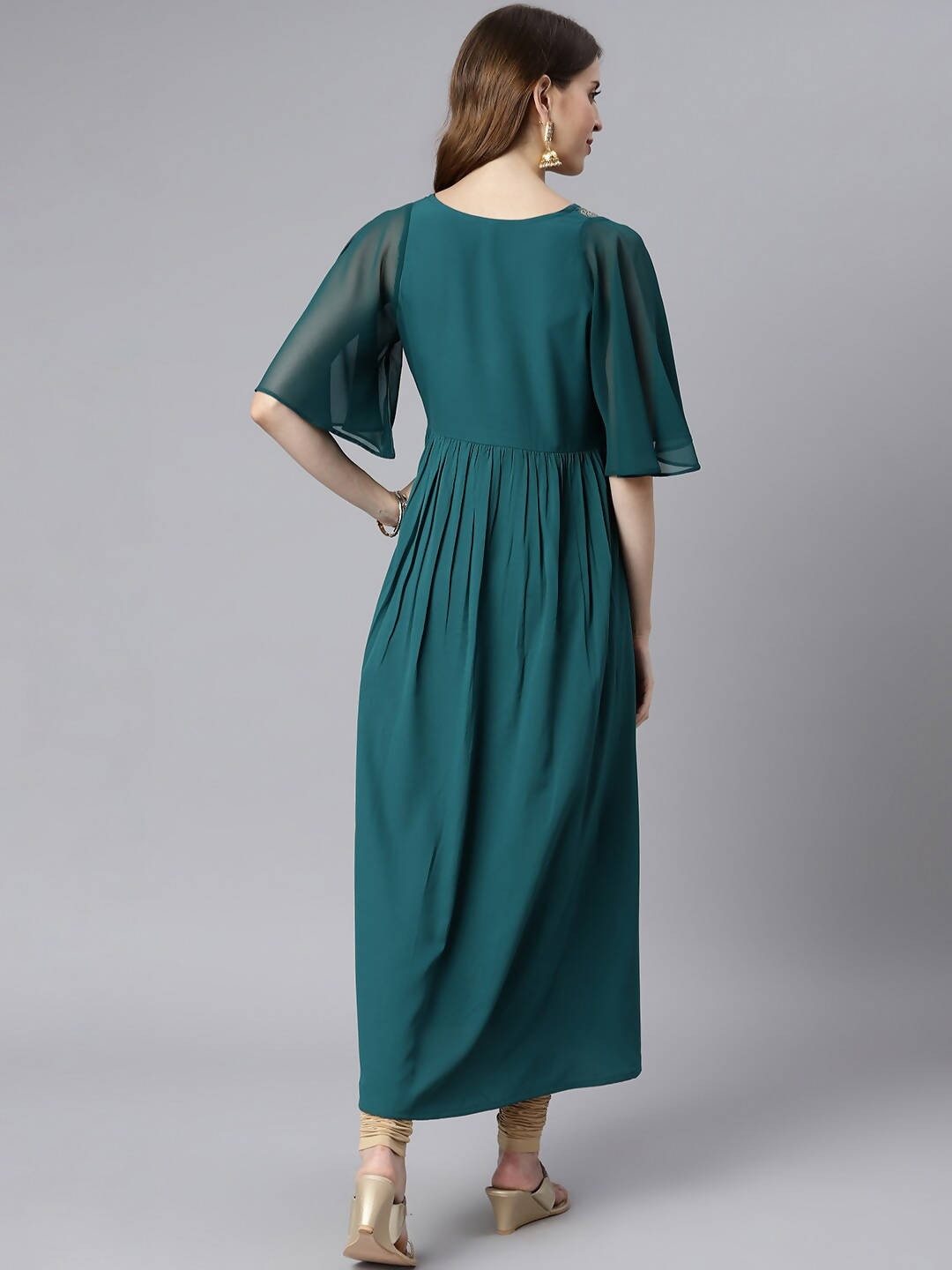 Janasya Women Teal Yoke Design Flared Sleeves Crepe Anarkali Kurta