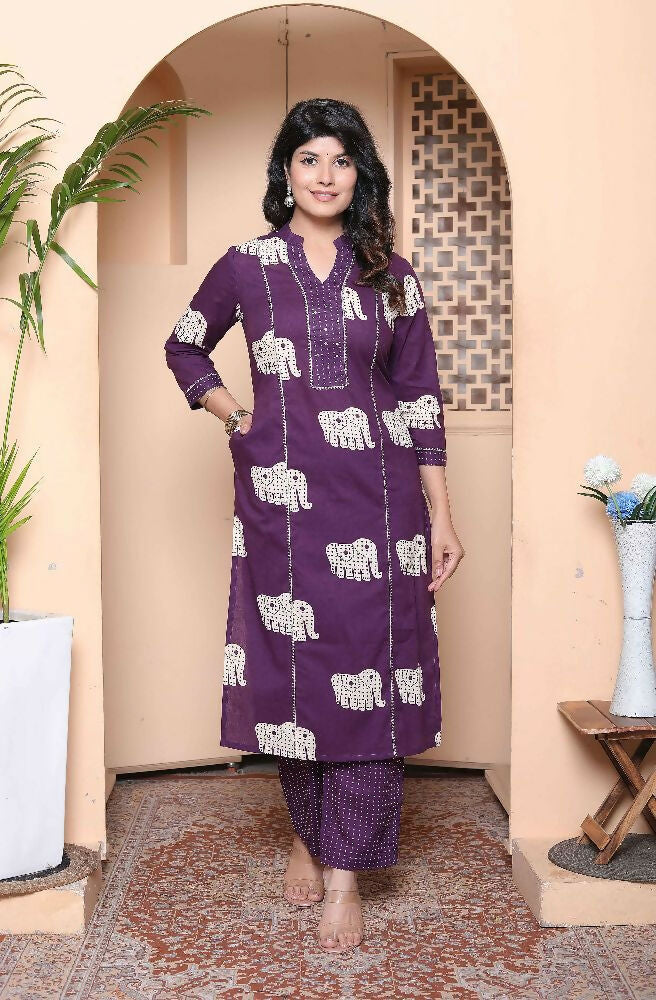 Miravan Womens Purple Printed Kurta With Palazzo