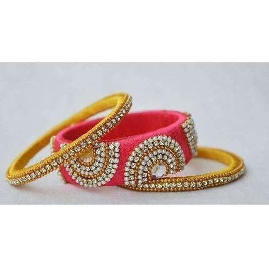 Pink and Yellow Color Combination with White Stones Bangles - Grab2buy
