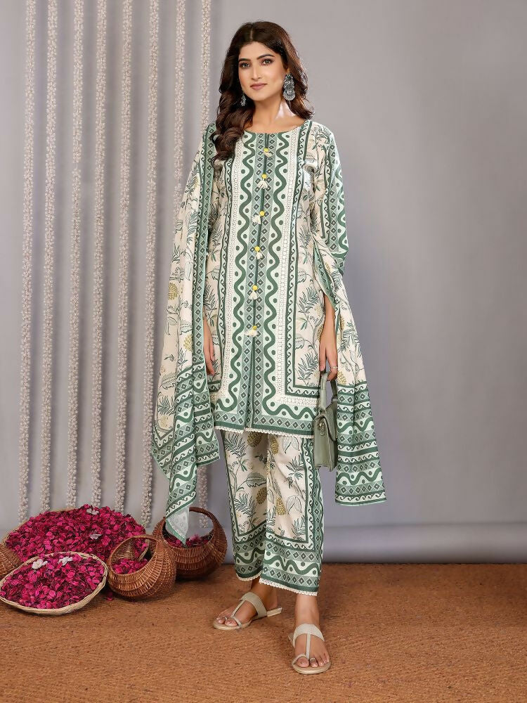 Joban Fashion Women Off White & Forest Green Linen Printed Stitched Kurta Set