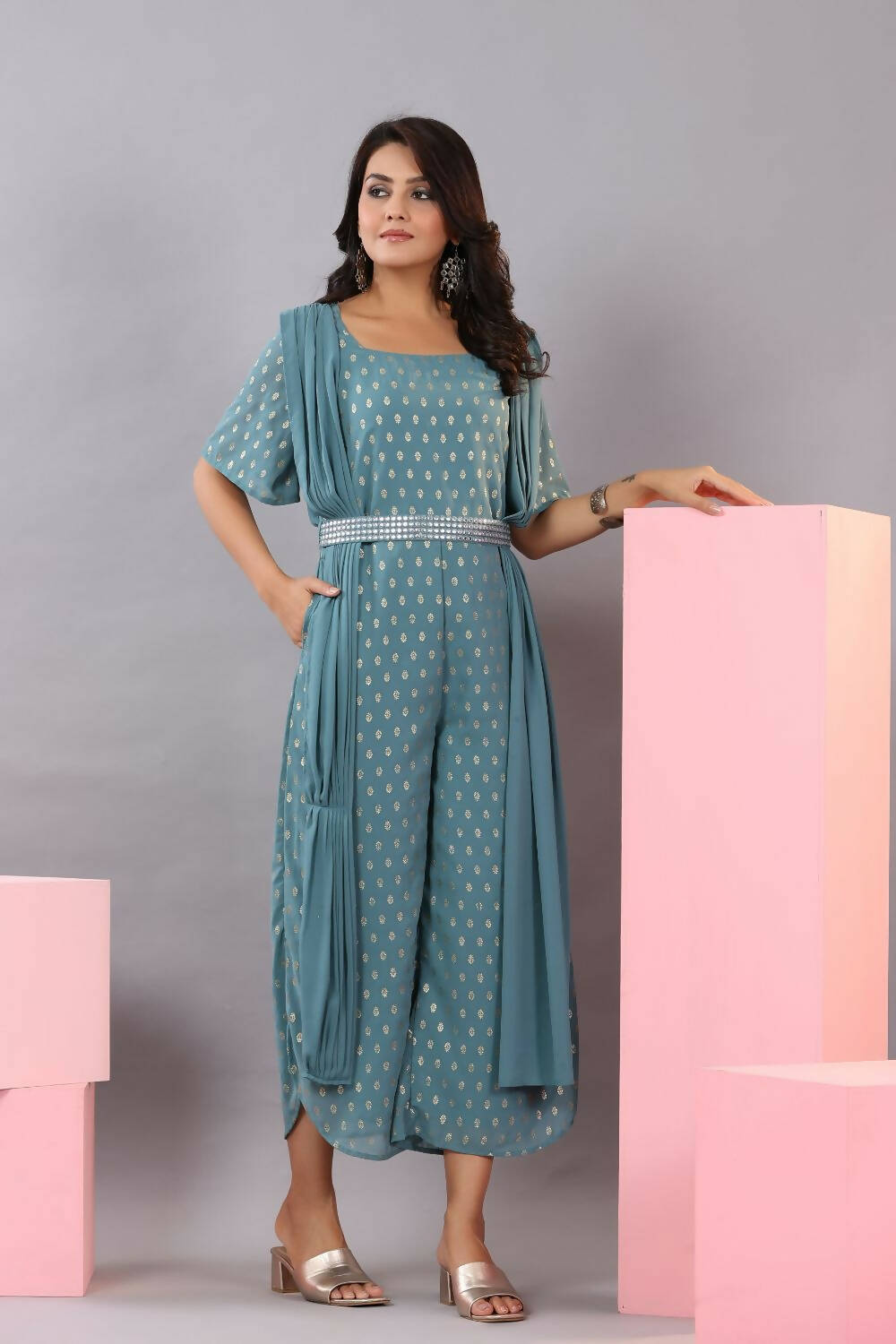 Juniper Women Teal Georgette Foil Printed Draped Jumpsuit