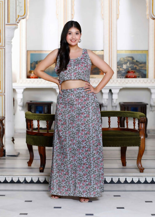Miravan Women's Grey Floral Printed Crop Top And Skirt Co-Ord Set 