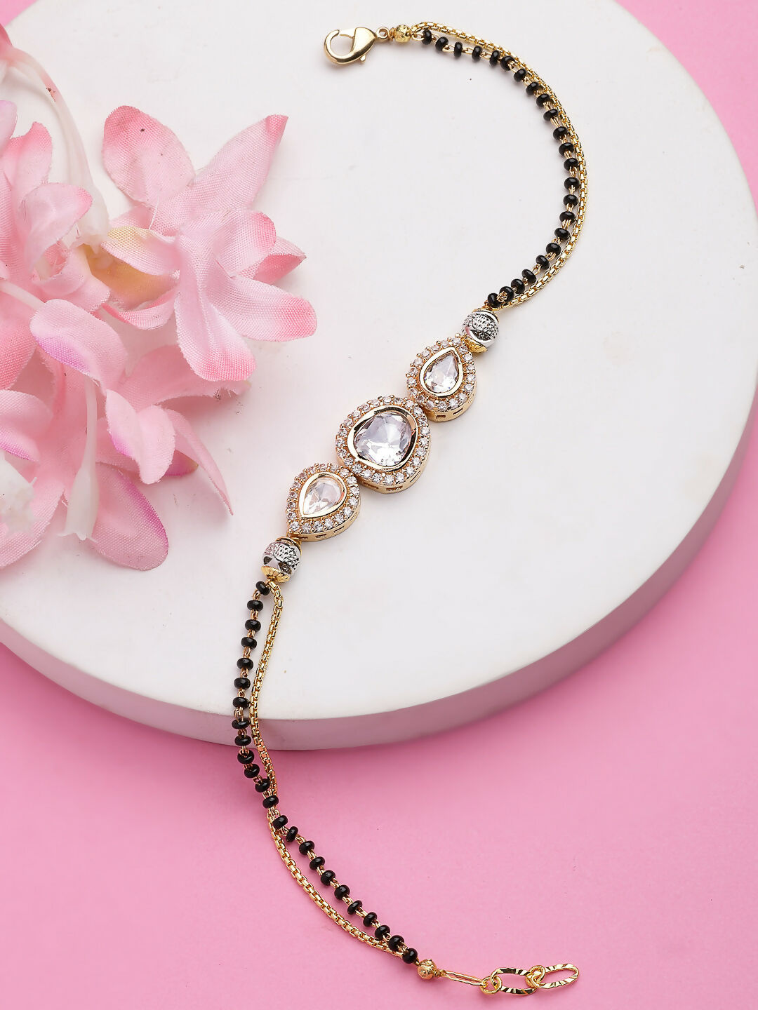 NVR Women Gold-Polished & Black Brass AD-Studded Hand Mangalsutra Link Bracelet