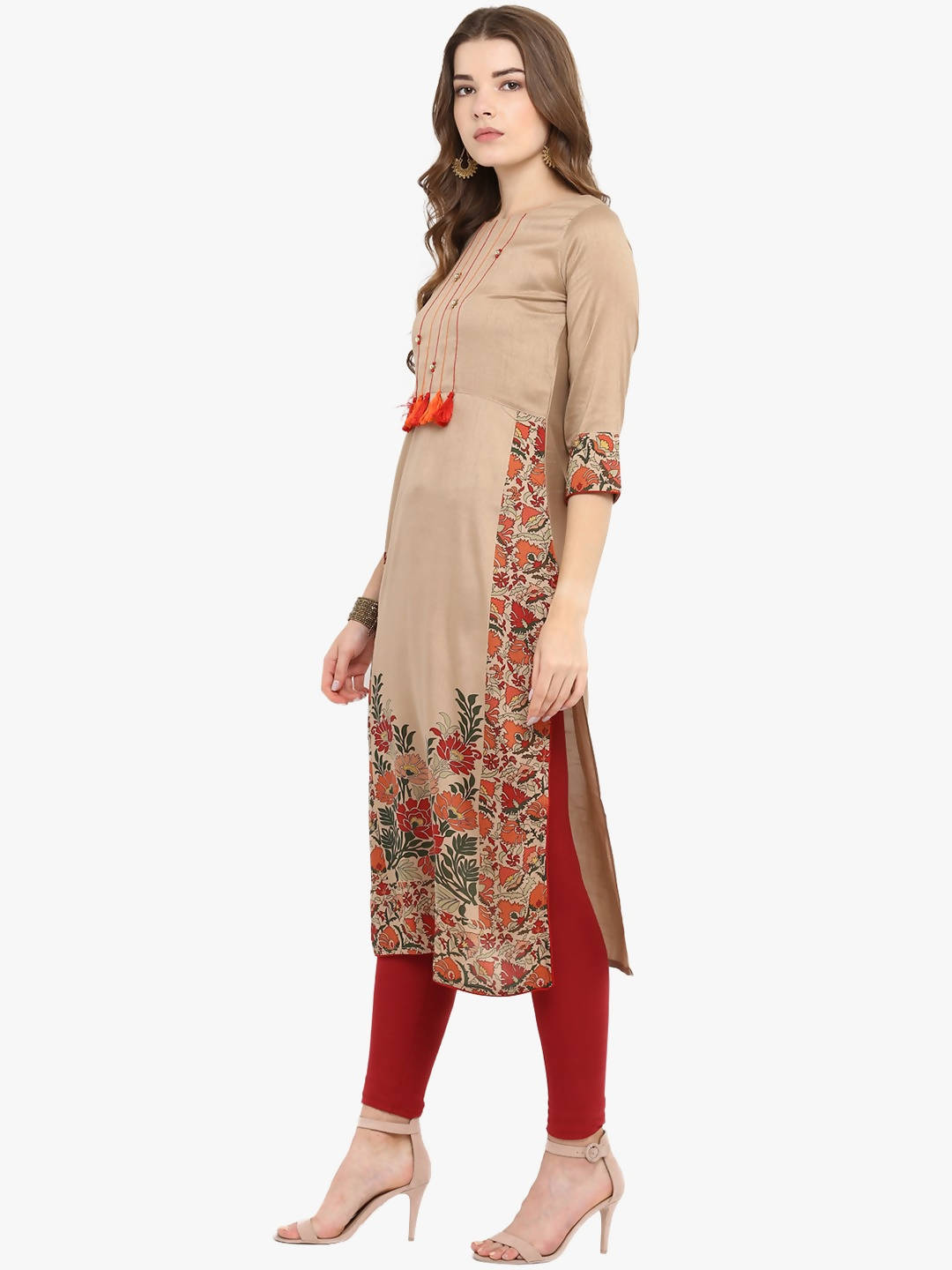 Janasya Women Brown Printed Straight Kurta