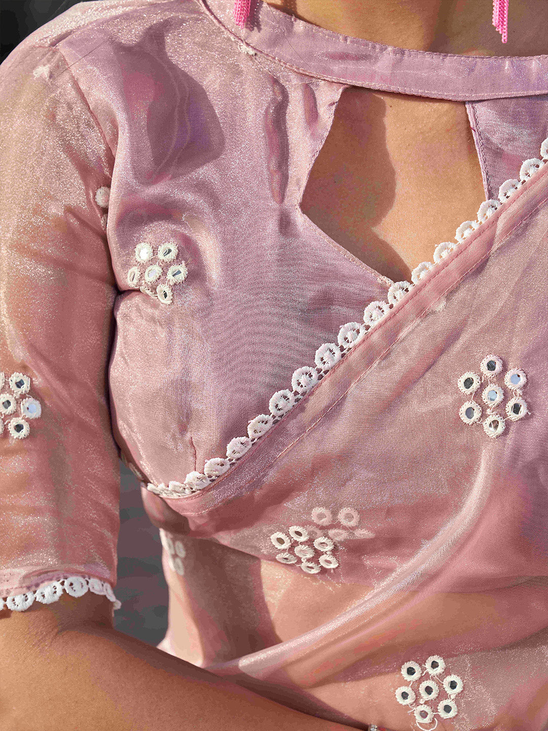 Tikhi Imli Pink Floral Embroidered Mirror Work Organza Grab2Buy 