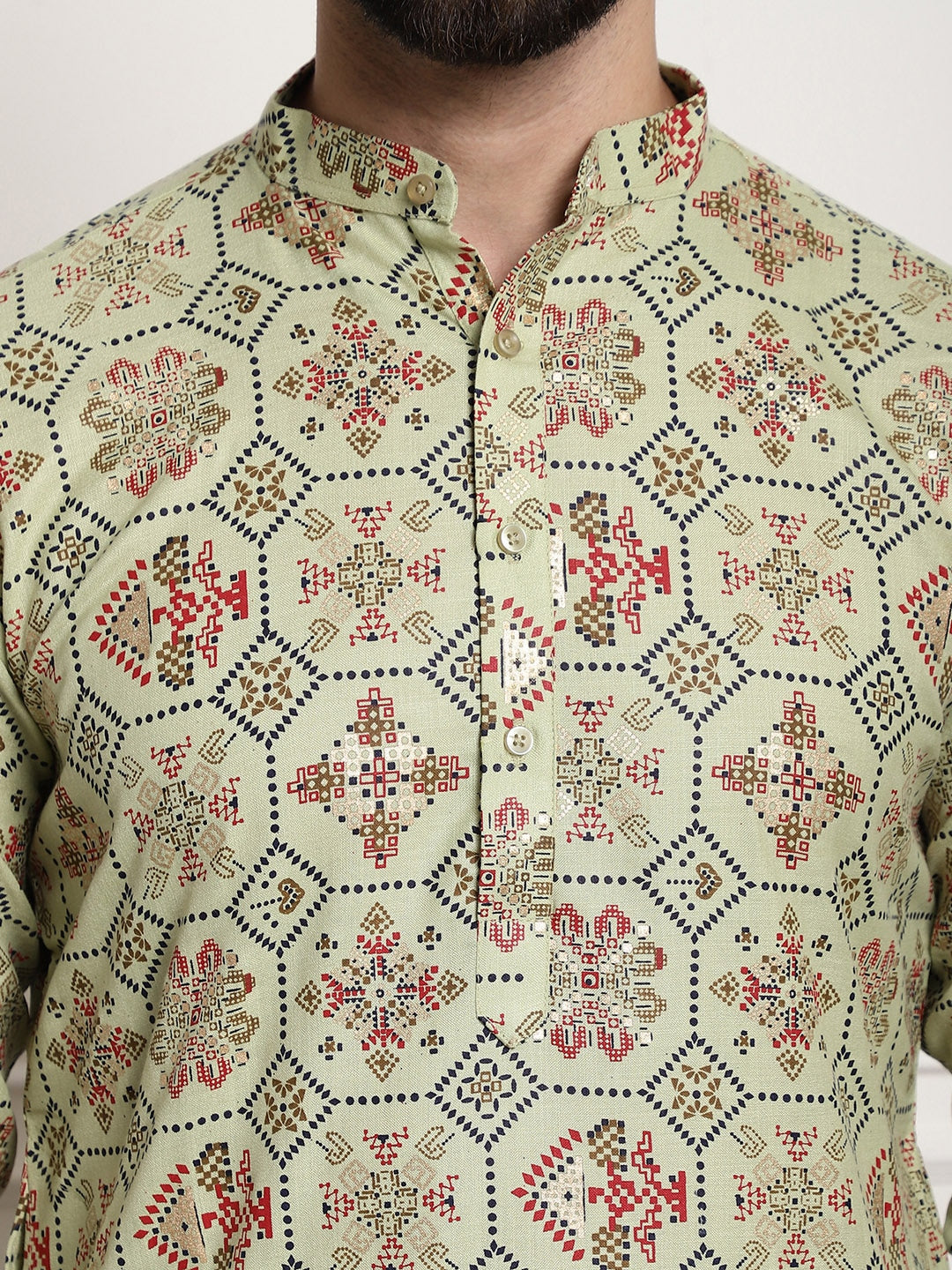 Sojanya Men Green Printed Cotton Linen Kurta with Churidar 