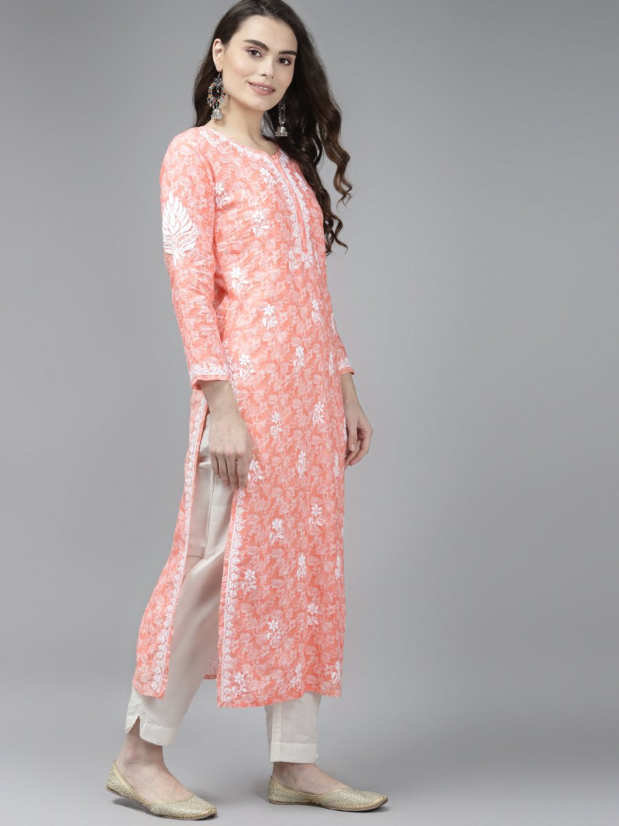 ADA Women Peach-Coloured & White Ethnic Motifs Chikankari Cotton Handloom Kurta 