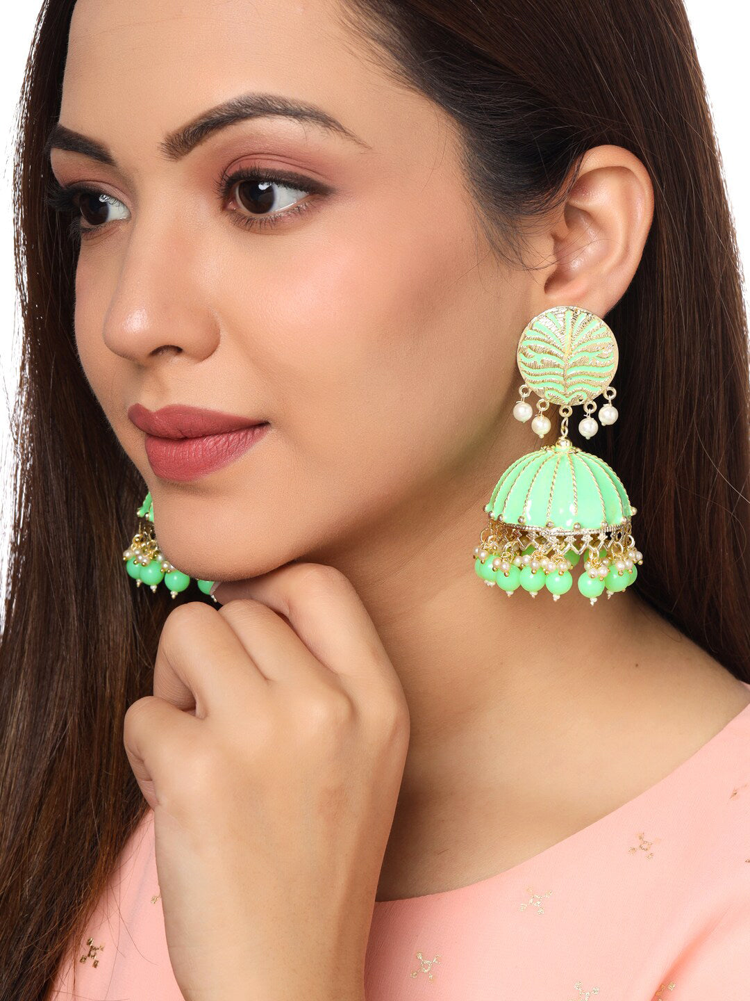 Yellow Chimes Women Green Meenakari Jhumkas Earrings - Grab2buy