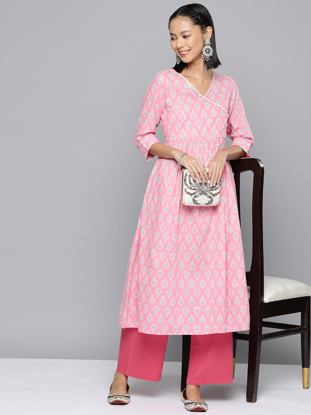 HERE&NOW Ethnic Motifs Printed Sequined Detail Angrakha Kurta