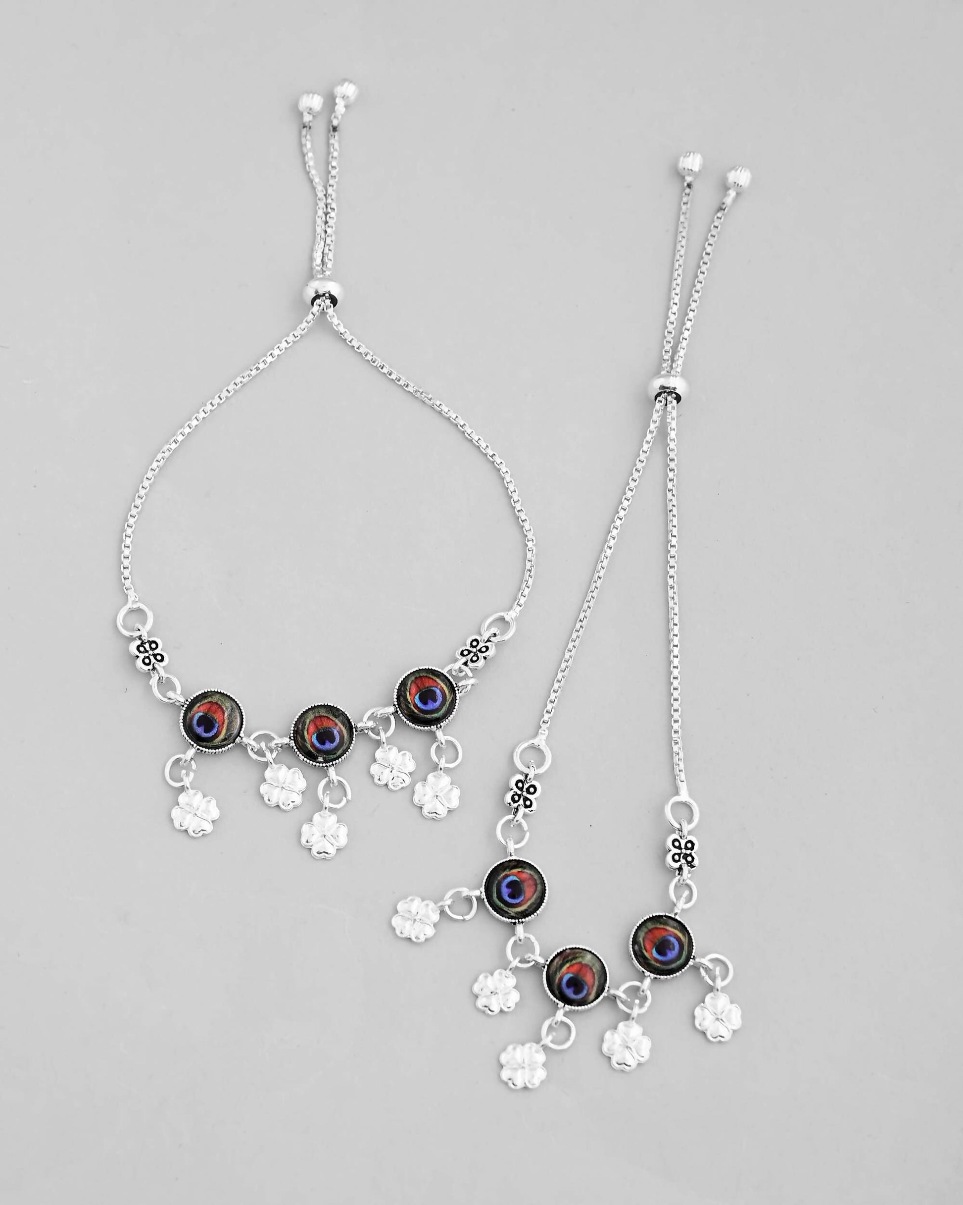 VOJ Set of 2 Silver Plated Peacock Printed HandCrafted Anklet 