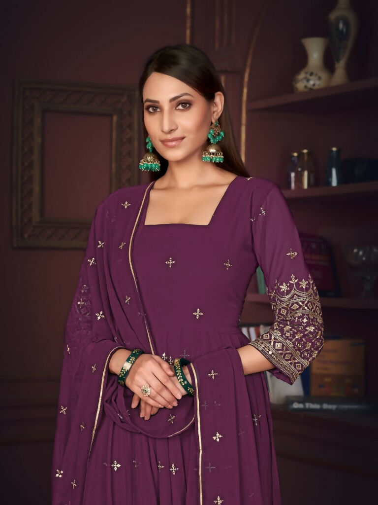Jyoti Fashion Women's Purple Georgette Embroidered Anarkali Kurta Pant Set With Dupatta