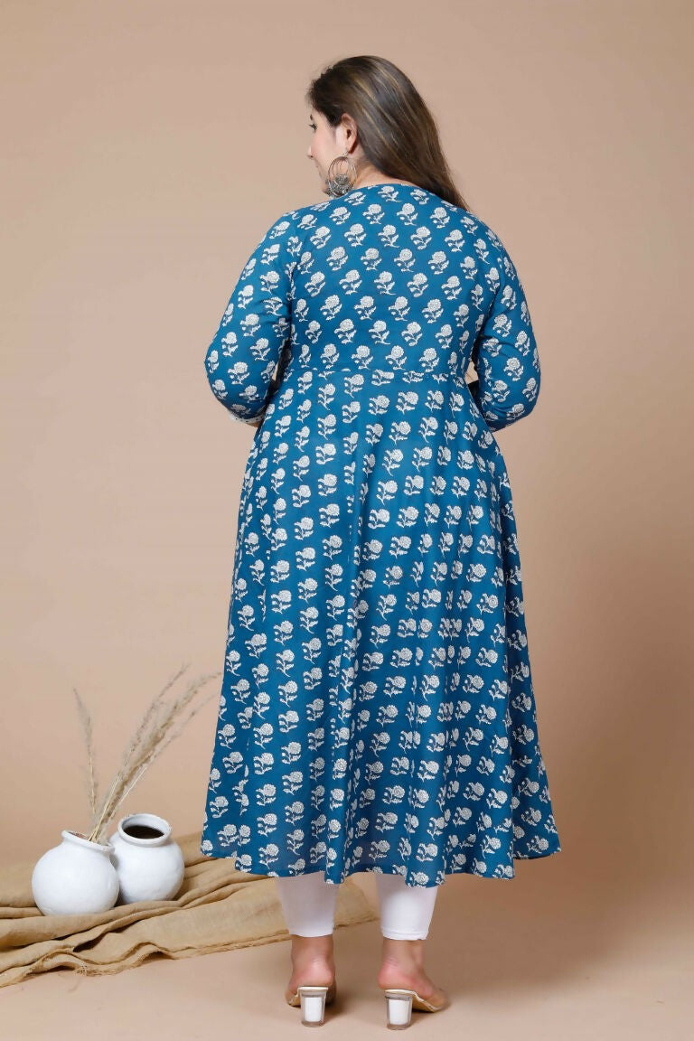 Miravan Women's Plus Size Blue & White Ethnic Motifs Printed Cotton Anarkali Kurta