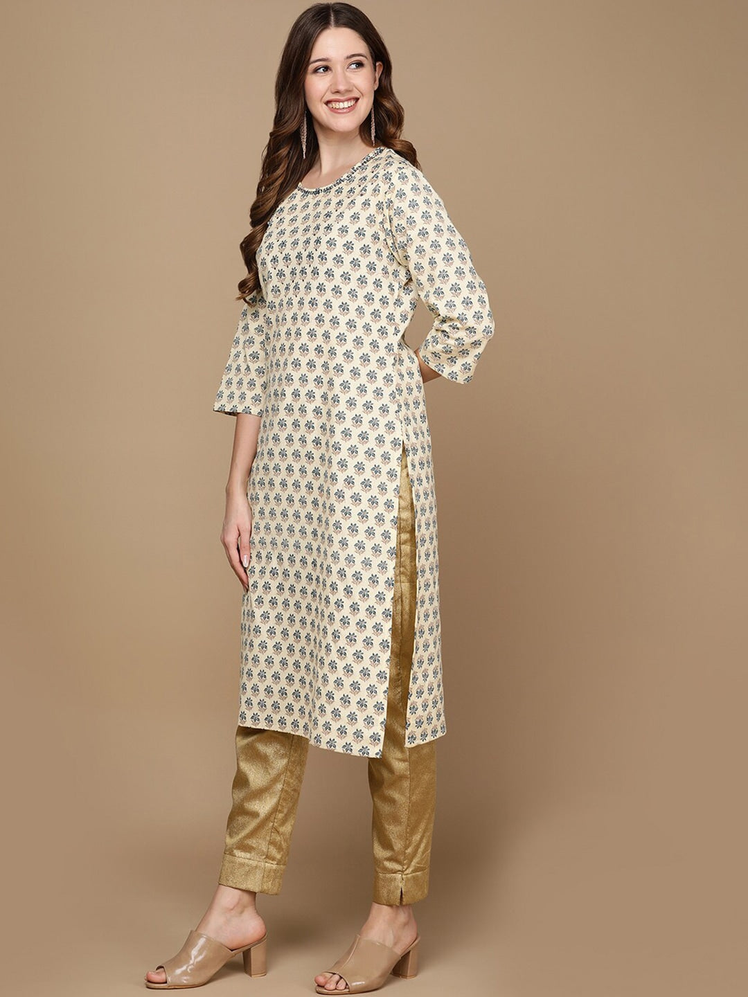 HERE&NOW Cream-Color & Teal Ethnic Motifs Printed Sequined Cotton Kurta