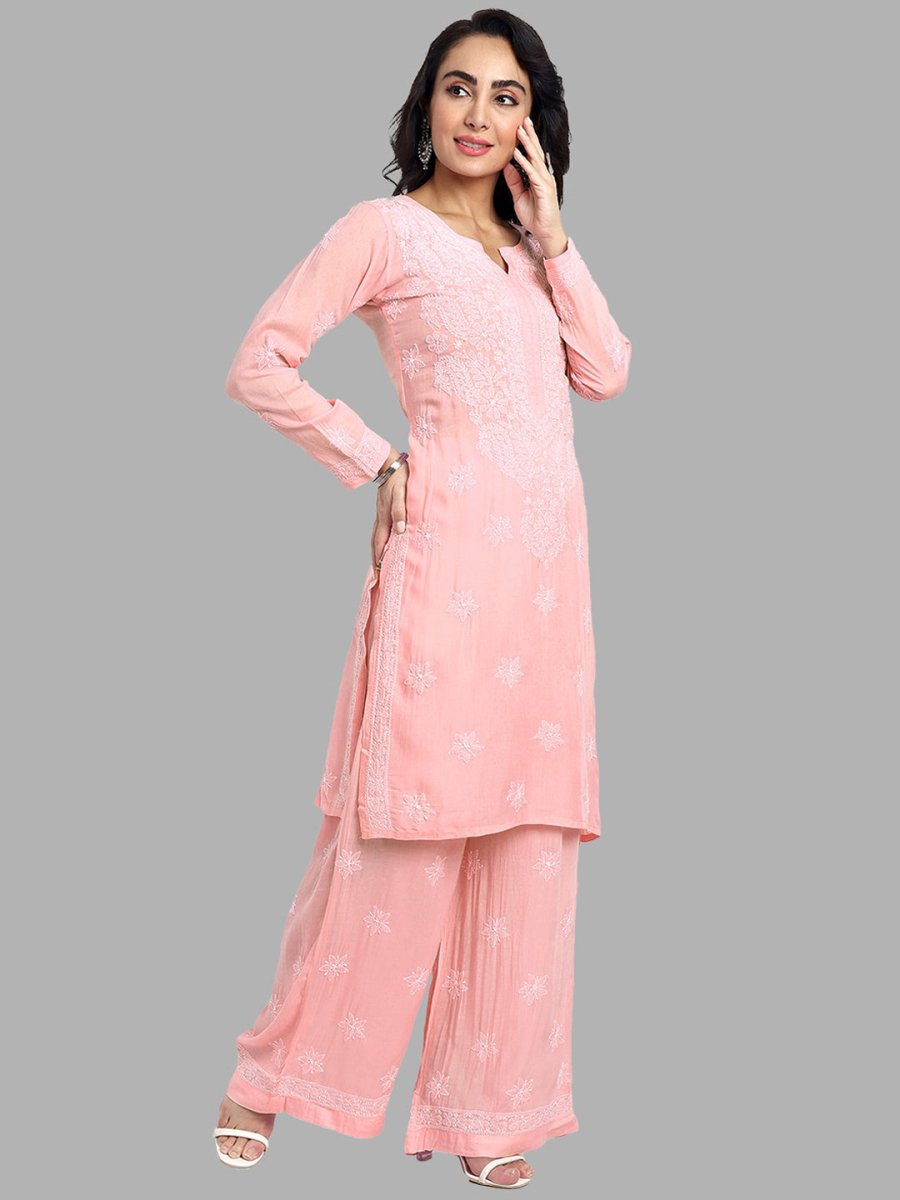 ADA Floral Embroidered Long Sleeves Regular Lucknowi Chikankari Kurta With Palazzos 