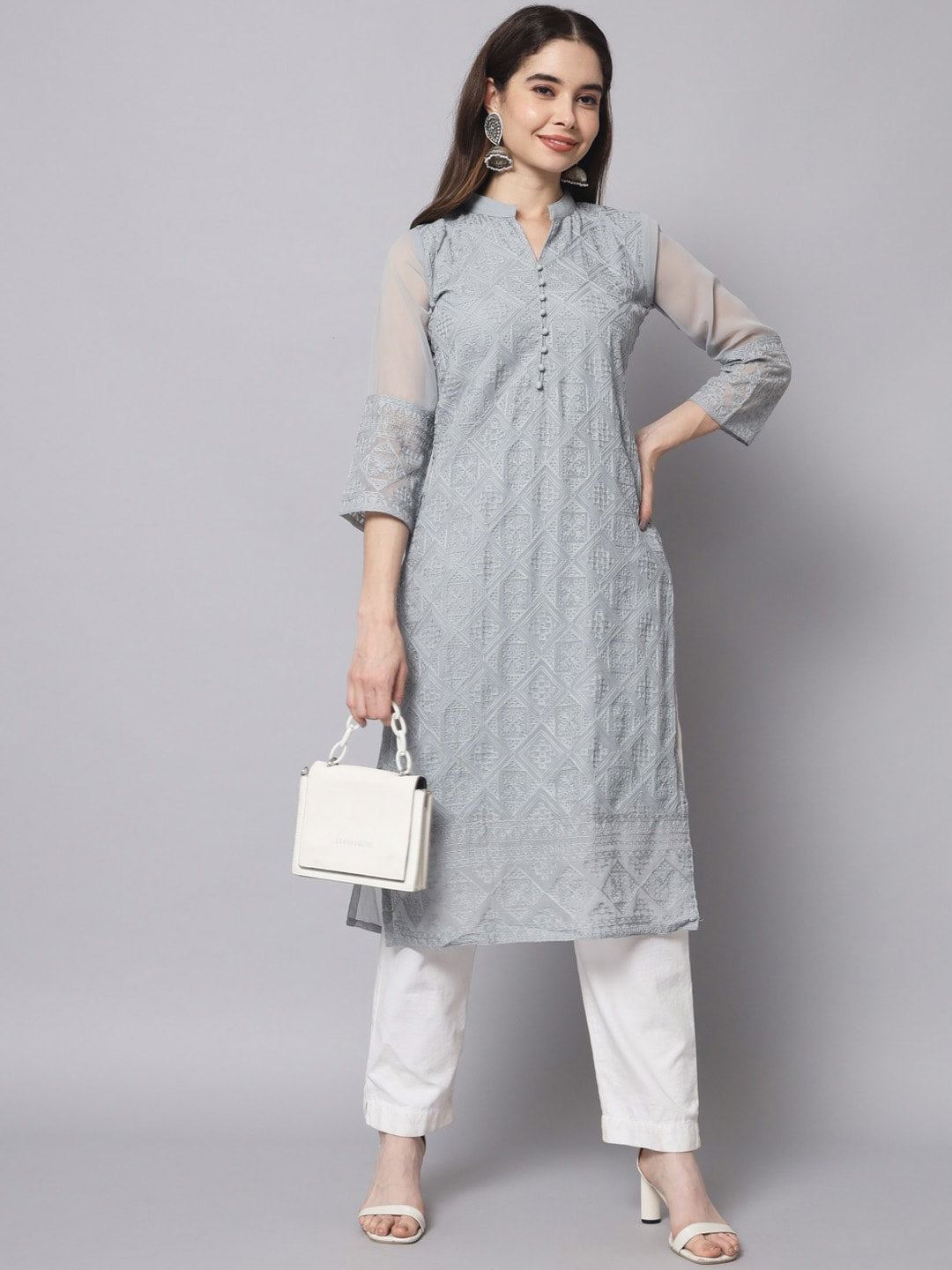 HERE&NOW Women Grey Ethnic Motifs Embroidered Thread Work Georgette Kurta