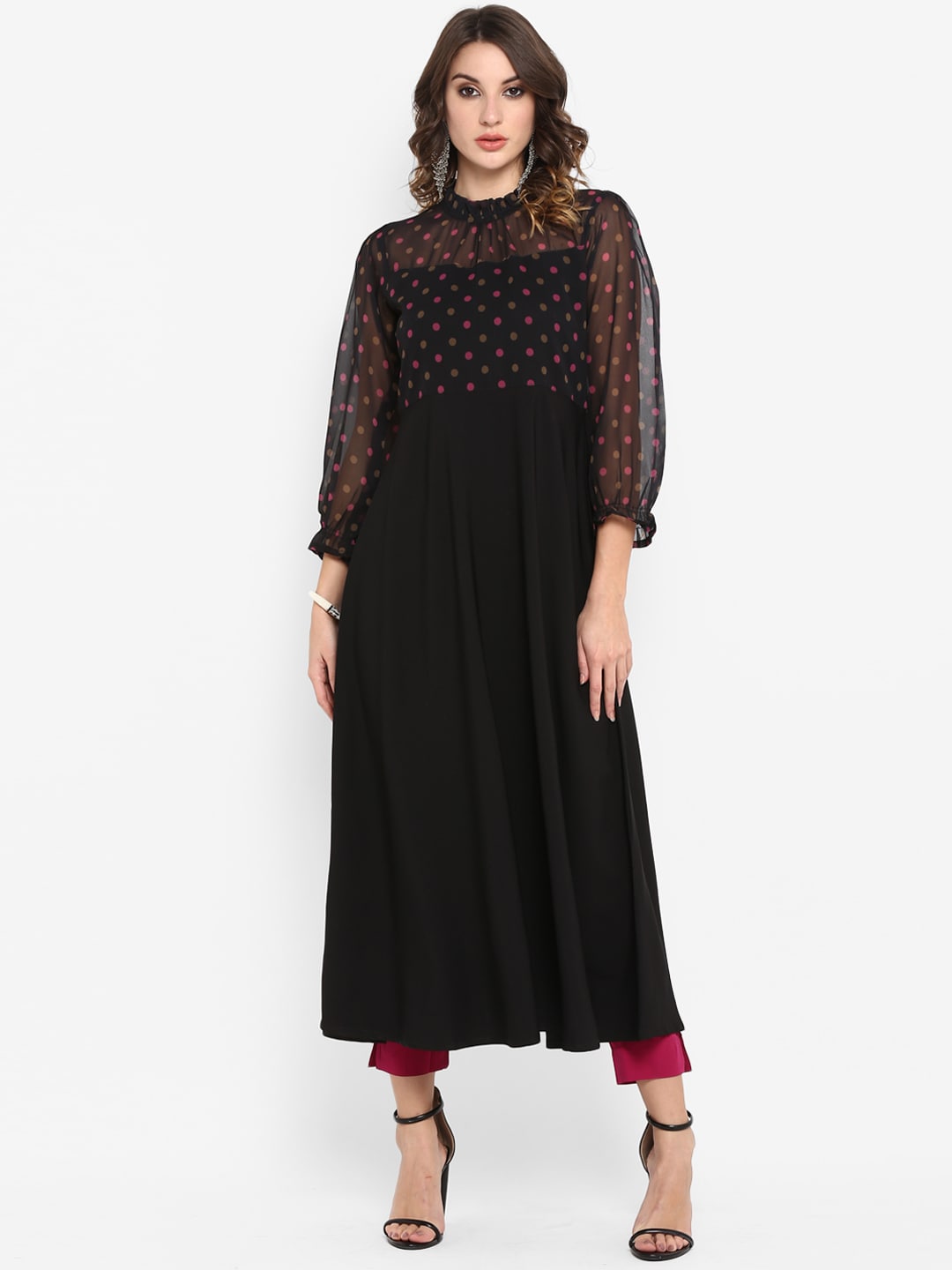 Janasya Women Black & Pink Printed A-Line Kurta