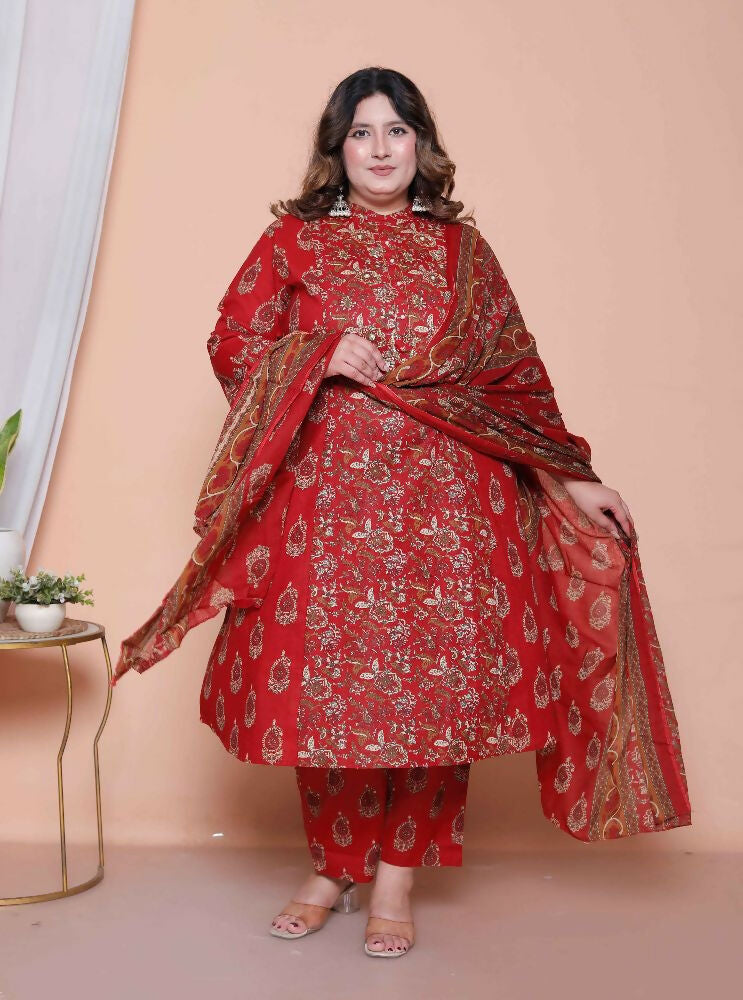 Miravan Women Floral Print Cotton Maroon Stitched Kurta Palazzo With Dupatta Set