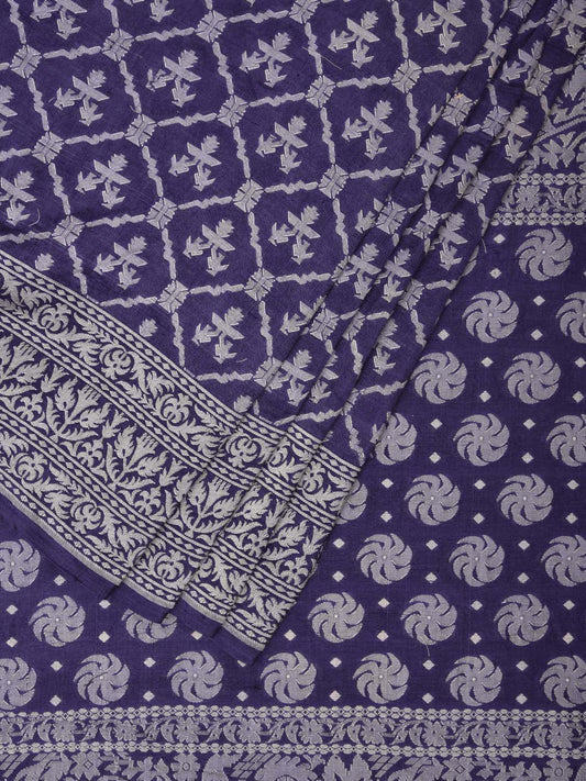 Dark Blue Cut Work Tussar Cotton Handloom Grab2Buy with All Over Jamdani Style Design - Global Threads 