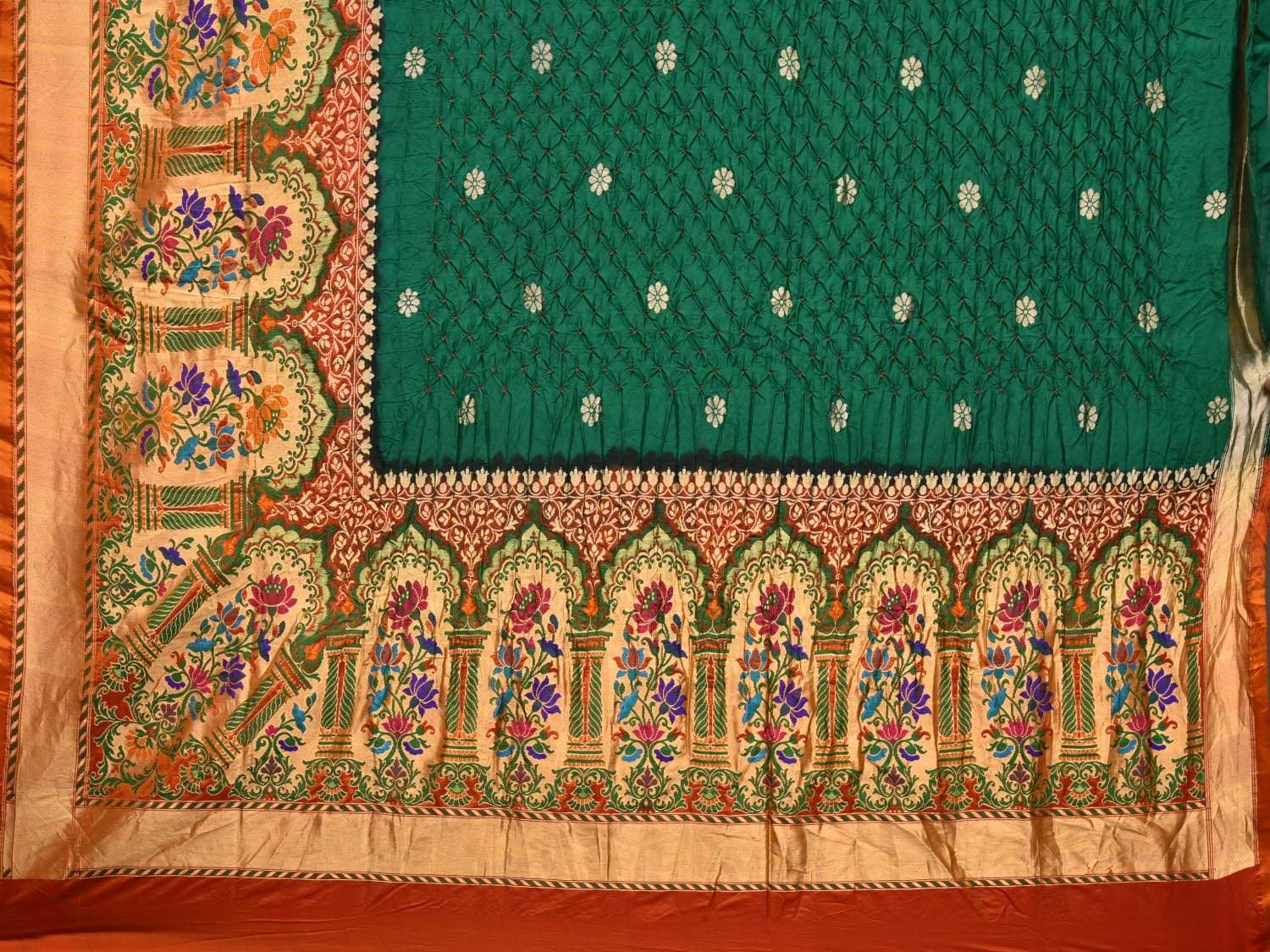 Dark Green Bandhani Paithani Silk Handloom Grab2Buy with One Side Border Design - Global Threads 