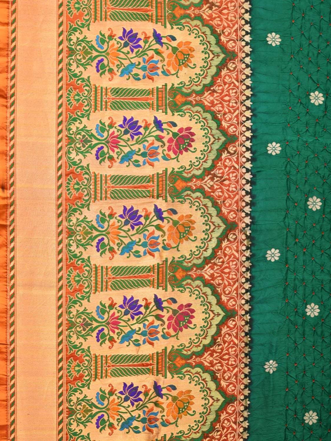 Dark Green Bandhani Paithani Silk Handloom Grab2Buy with One Side Border Design - Global Threads 