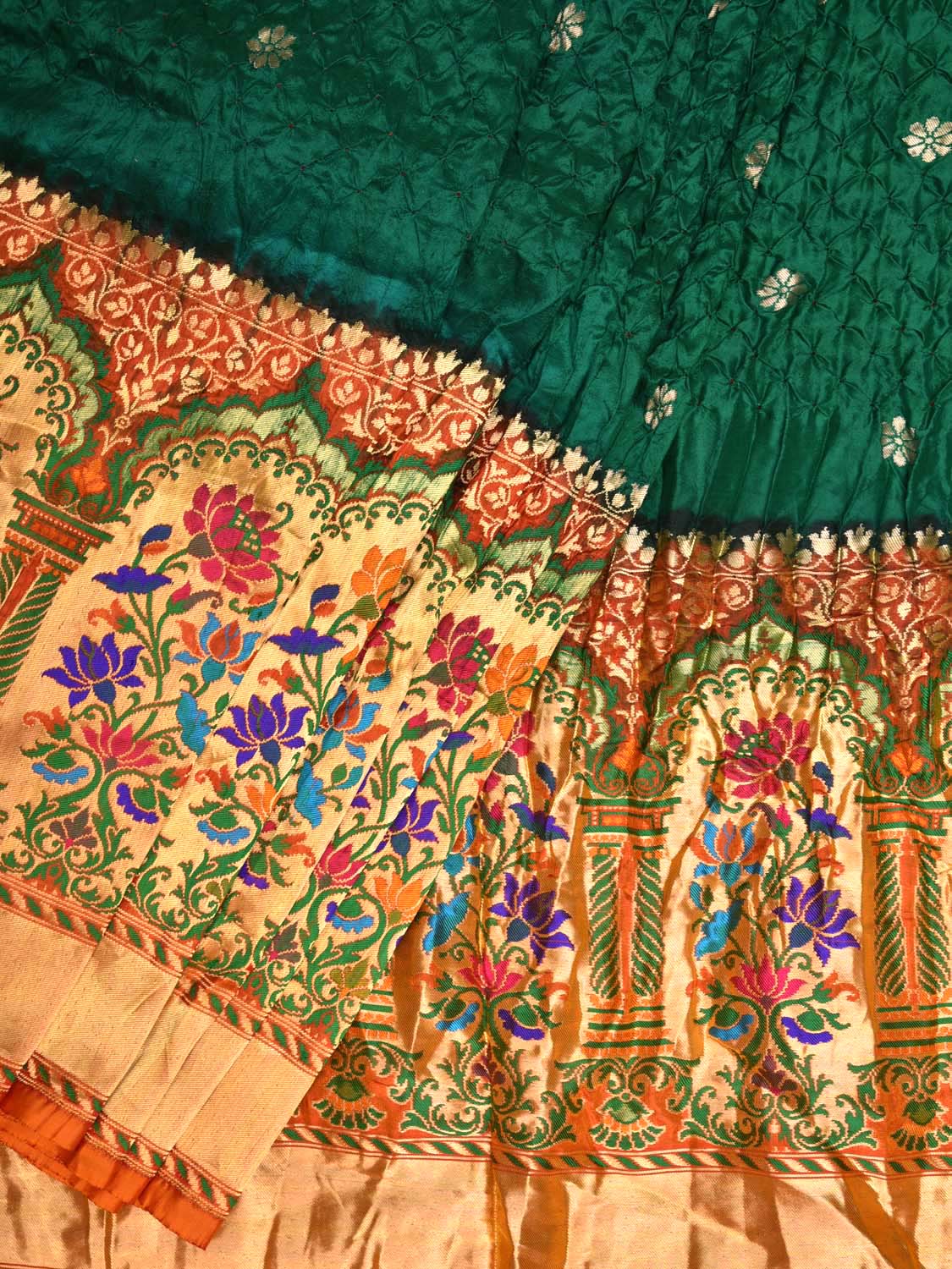 Dark Green Bandhani Paithani Silk Handloom Grab2Buy with One Side Border Design - Global Threads 