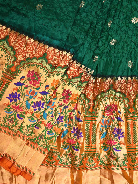 Dark Green Bandhani Paithani Silk Handloom Grab2Buy with One Side Border Design - Global Threads 