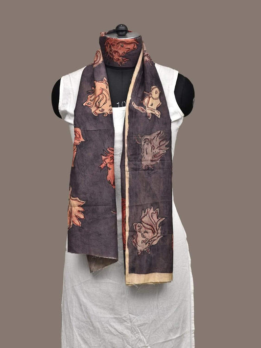 Dark Grey Kalamkari Hand Painted Silk Handloom Stole with Horses Design - Global Threads - Grab2buy