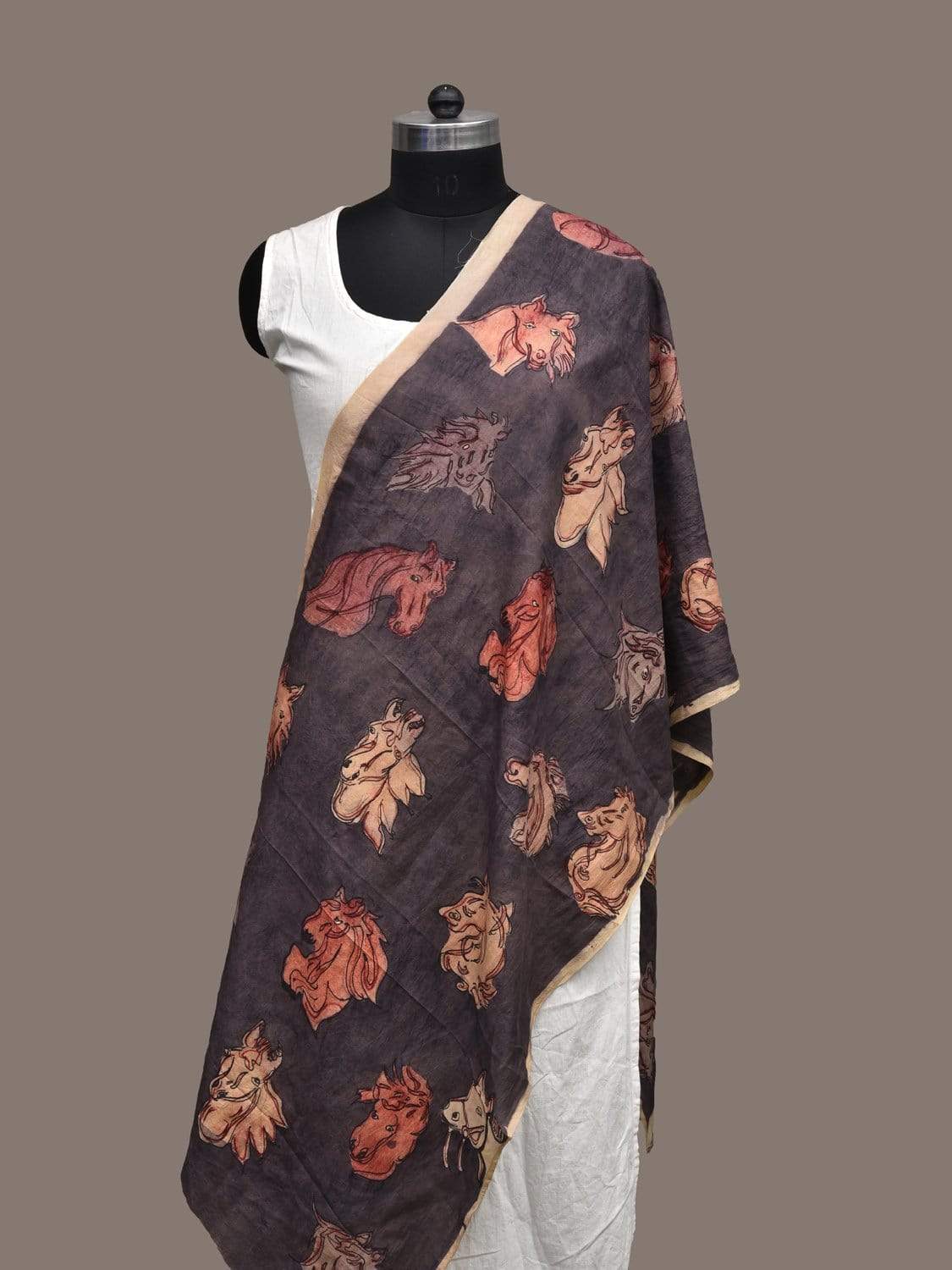 Dark Grey Kalamkari Hand Painted Silk Handloom Stole with Horses Design - Global Threads - Grab2buy