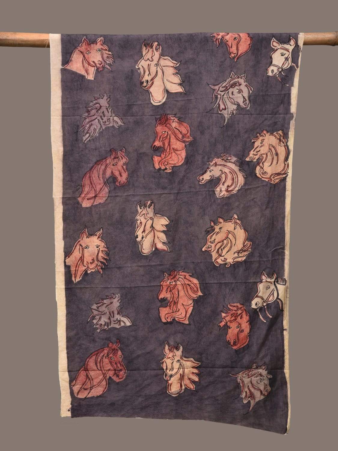 Dark Grey Kalamkari Hand Painted Silk Handloom Stole with Horses Design - Global Threads  Grab2Buy Global Threads Grab2Buy