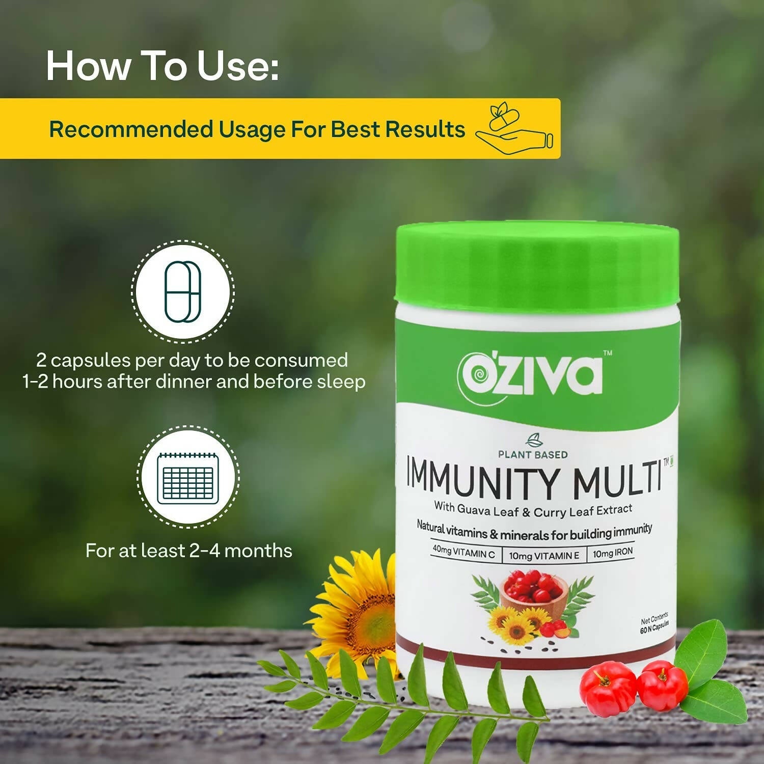 OZiva Plant Based Immunity Multivitamin with Guava Leaf & Curry Leaf Extract Capsules - Grab2buy