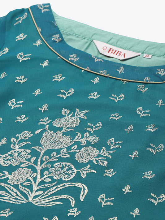 Biba Women Teal Blue & Golden Printed Straight Layered Kurta - Grab2buy