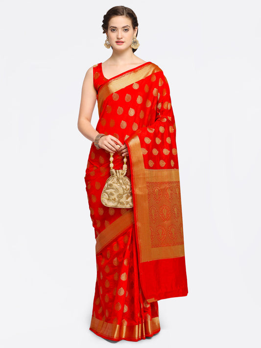 Saree Mall Red Silk Blend Woven Design Kanjeevaram Saree