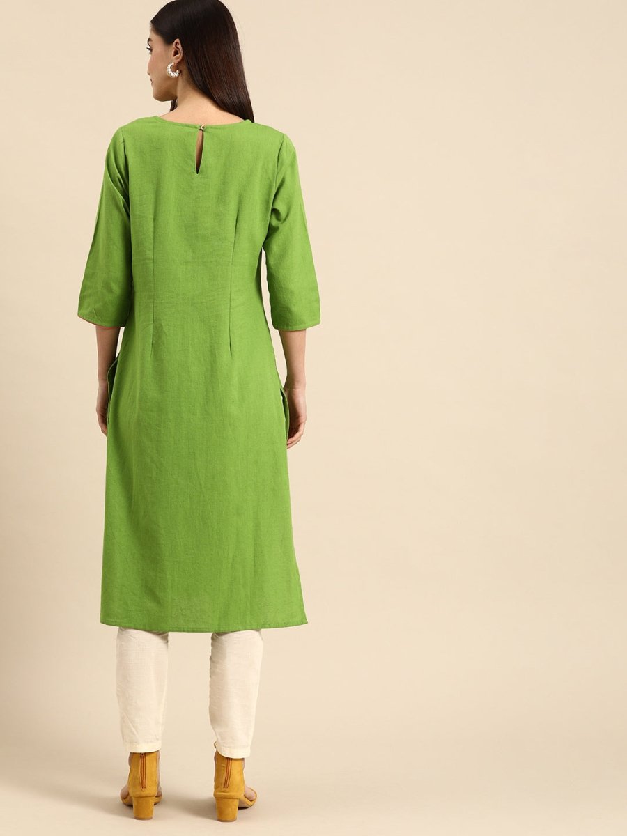 All About You Women Green & Pink Ethnic Motifs Yoke Design Thread Work Pure Cotton Kurta