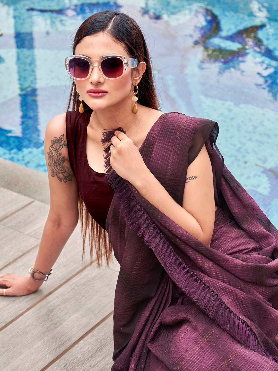Tikhi Imli Woven Design Embellished Sequinned Grab2Buy With Tassles 