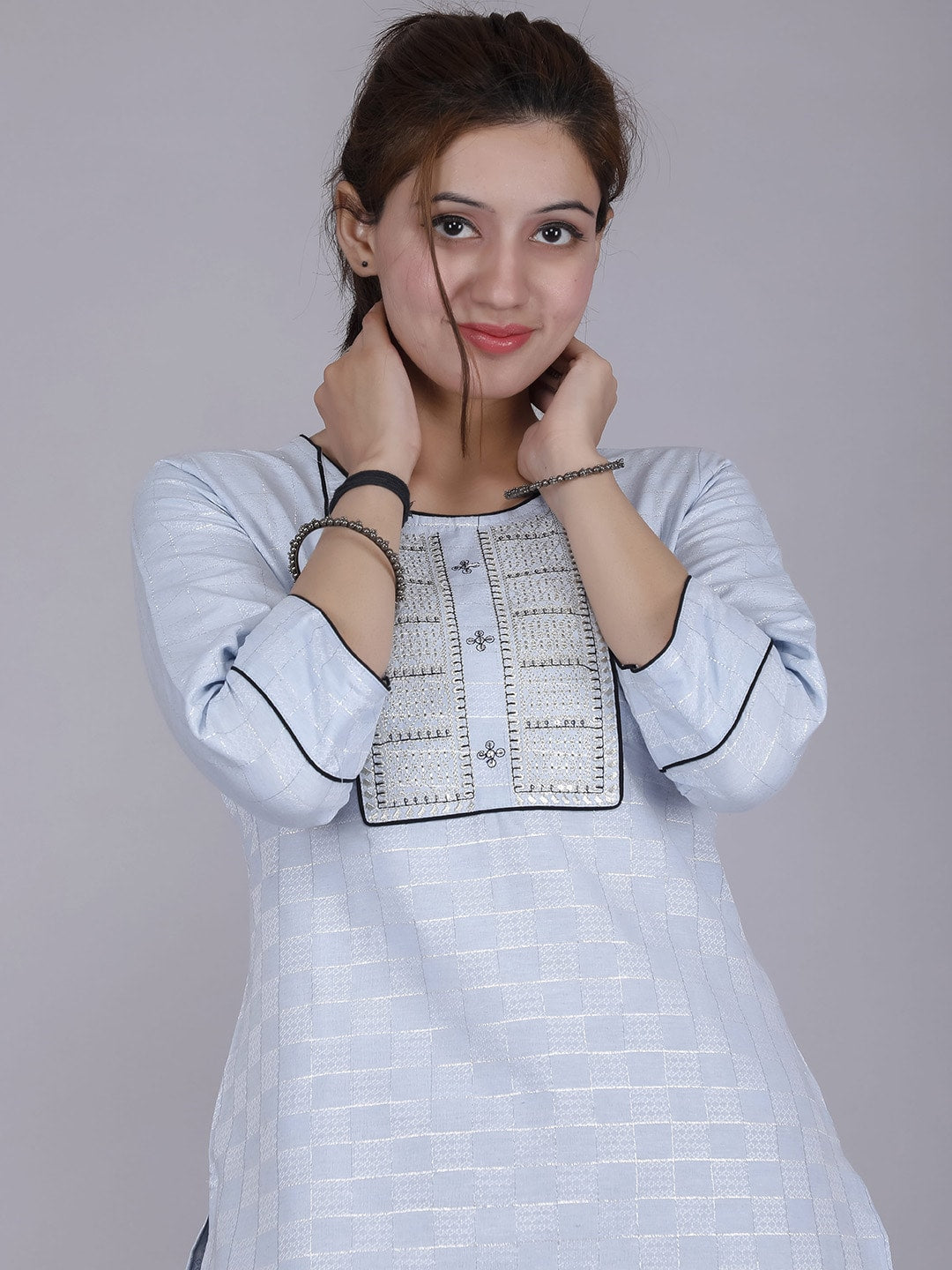 HERE&NOW Women Blue Yoke Design Pure Cotton Thread Work Kurta