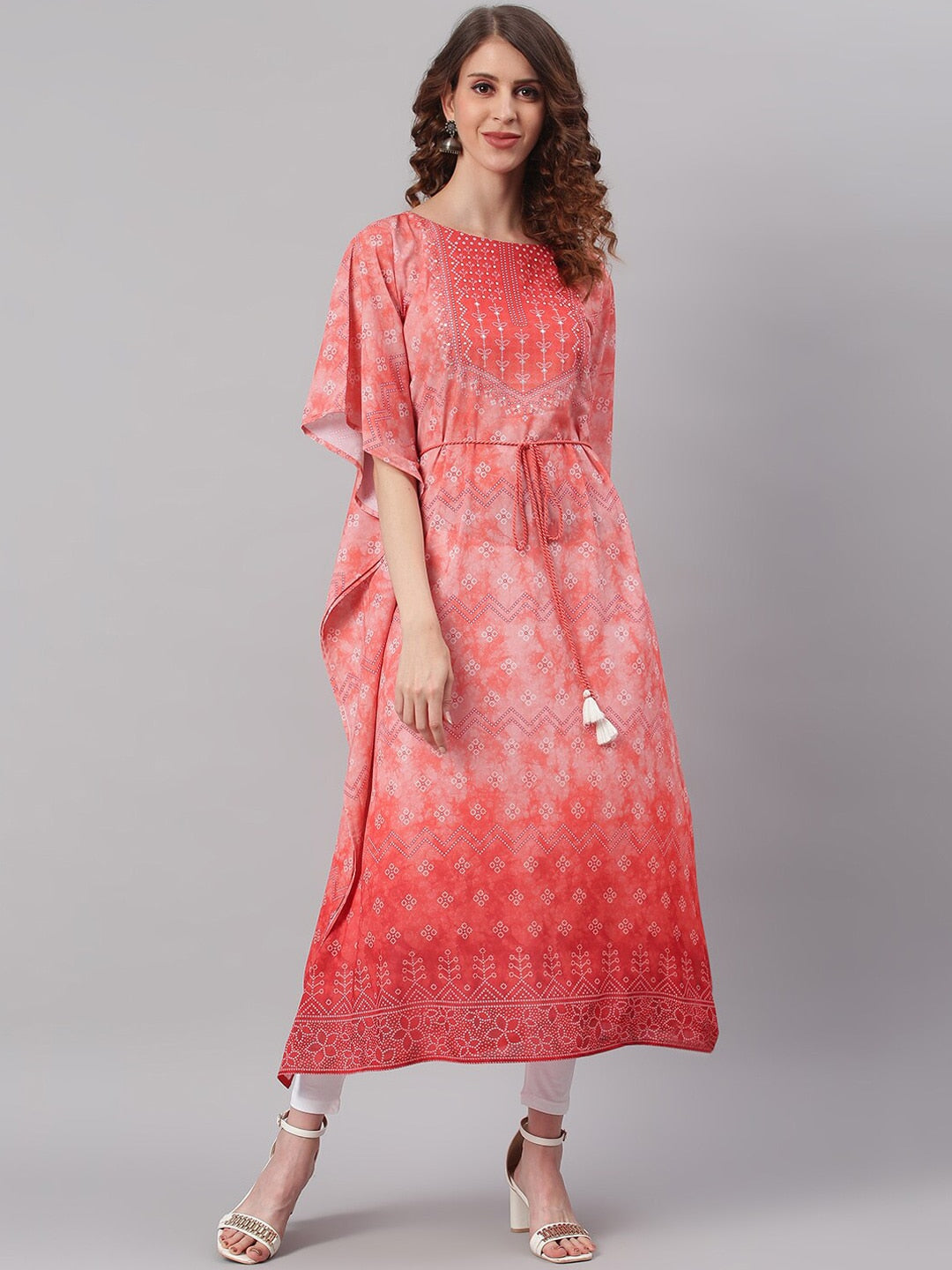 Janasya Women Peach-Coloured Ethnic Motifs Dyed Thread Work Georgette Kaftan Kurta