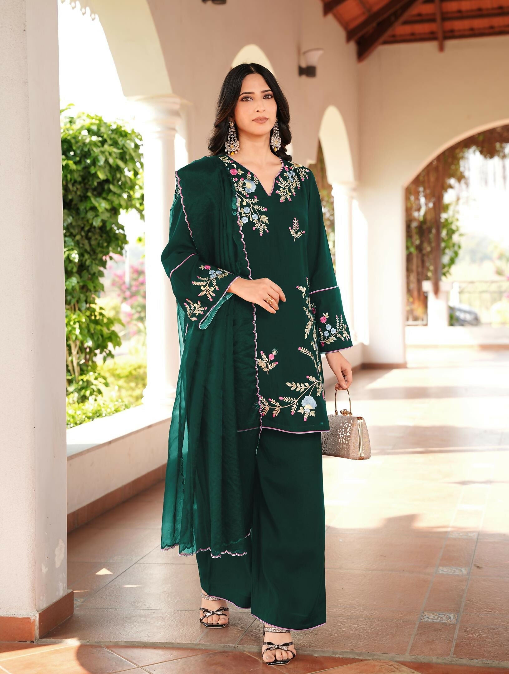 Nikhaar Dark Green Embroidered Art Silk Stitched Straight Cut Kurta Culottes Dupatta Readymade Suit