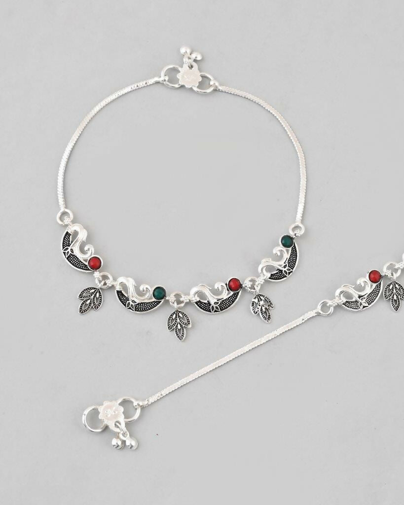 VOJ Set of 2 Silver Plated Meenakari Multi Color Anklet 