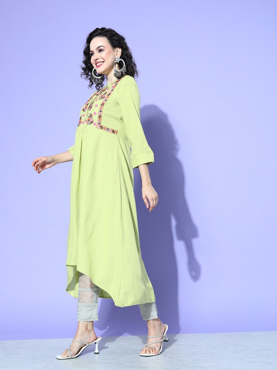 All About You Women Green Floral Embroidered Mirror Work Floral Anarkali Kurta