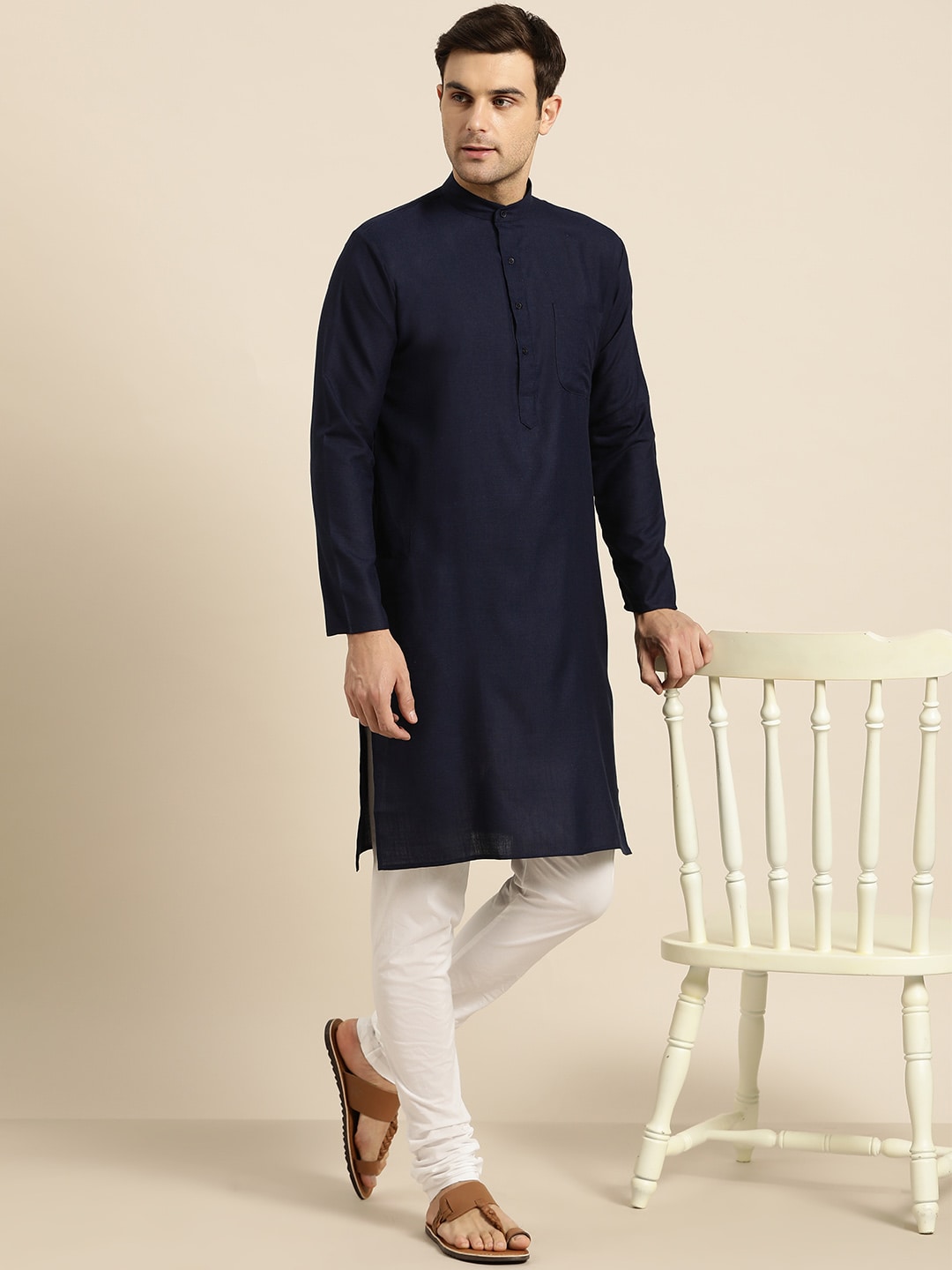 Sojanya Men Navy Blue Solid Straight Kurta 