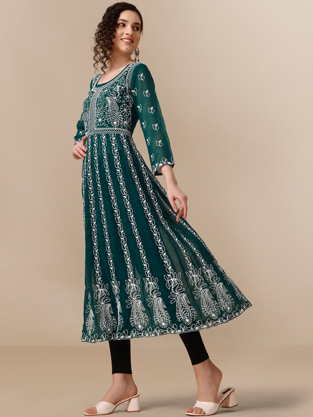 HERE&NOW Paneled Floral Embroidered Georgette Anarkali Kurta