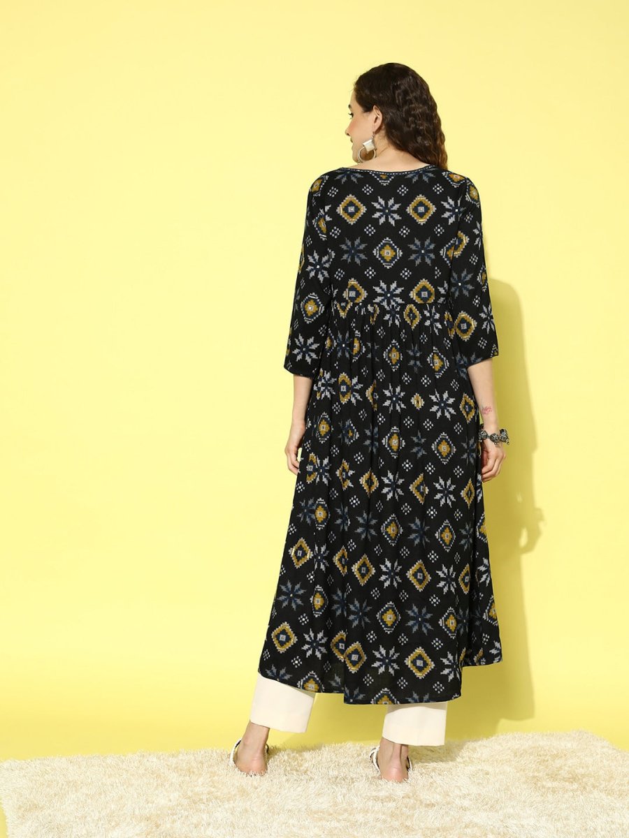 All About You Women Black & Yellow Printed Thread Work Tiering Liva Anarkali Kurta