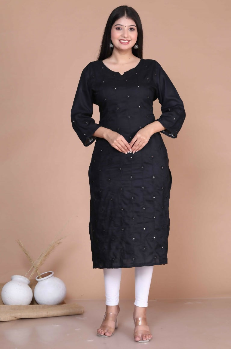 Miravan Women's Black Embroidered And Mirror Work Pakistani Straight Kurti | Grab2Buy