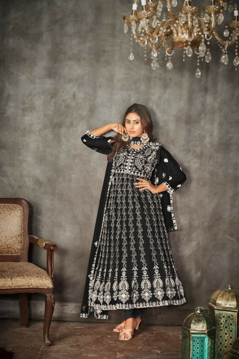 Jyoti Fashion Women's Black Net Embroidered Anarkali Kurta Pant Set With Dupatta