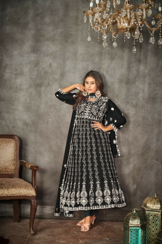 Jyoti Fashion Women's Black Net Embroidered Anarkali Kurta Pant Set With Dupatta