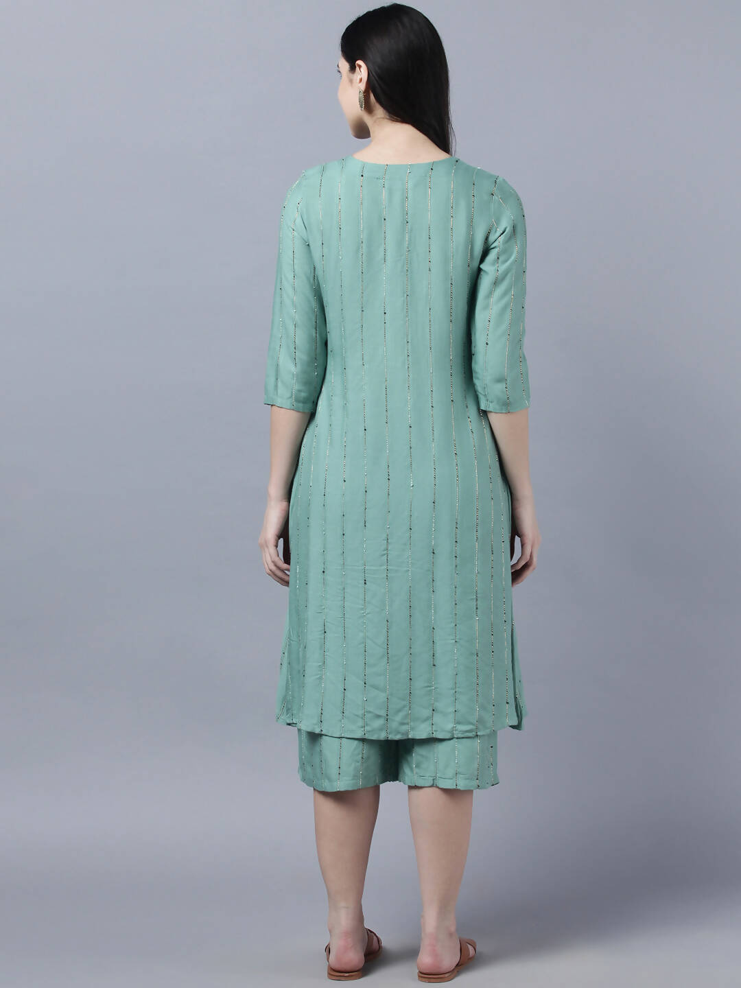 Myshka Women's Stylish Green Cotton 3/4 Sleeve Kurta Palazzo Set