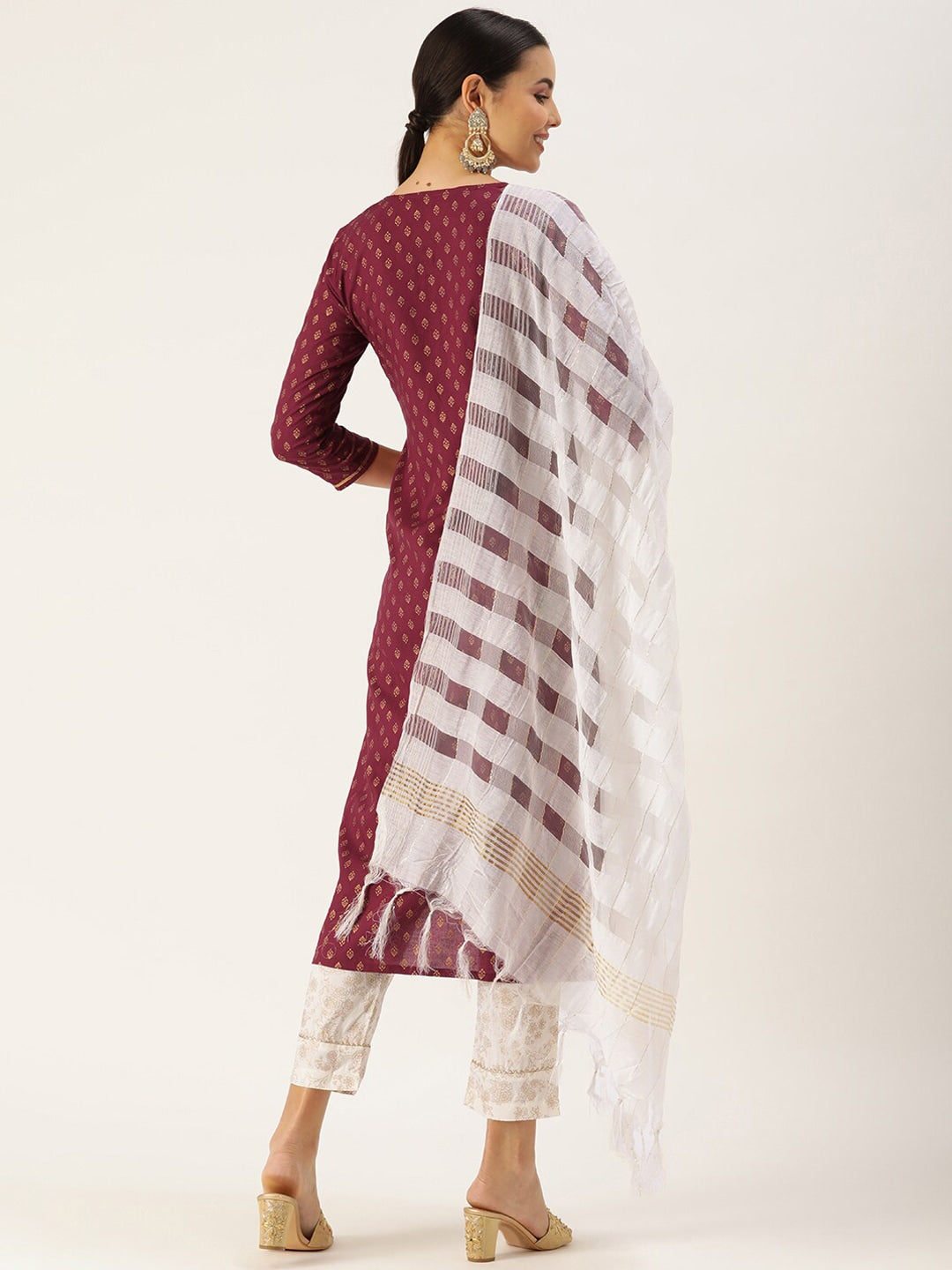 HERE&NOW Women Maroon Ethnic Printed Kurta with Trousers & With Dupatta