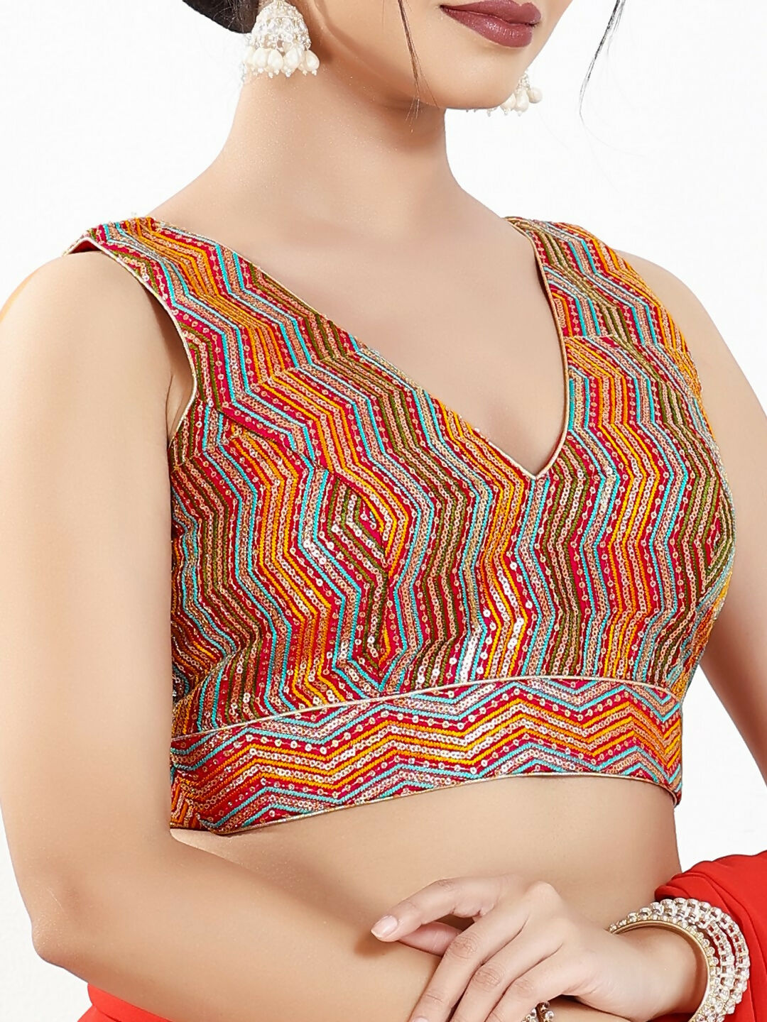Joban Fashion Red Multi Silk Padded Blouse With V Neck Sleeveless