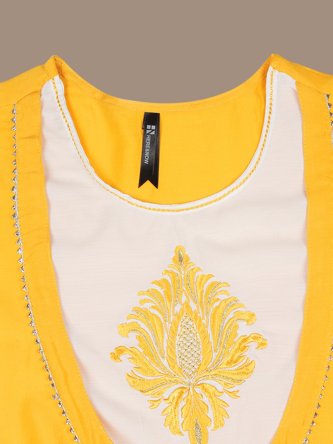 HERE&NOW Round Neck Embroidered Yoke Design Gotta Patti Layered Pure Cotton A-Line Kurta